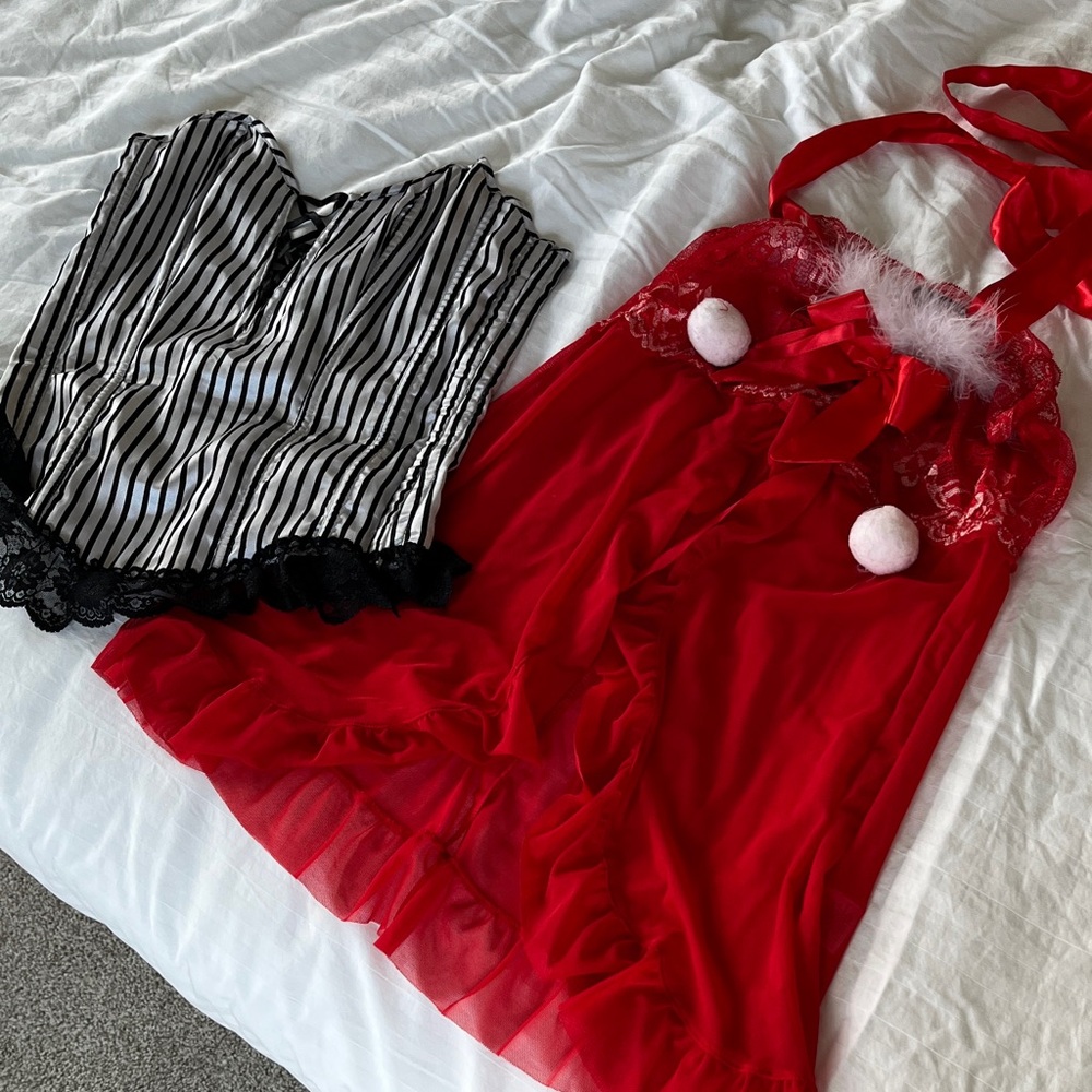 Red lace and Black stripe corset Lingerie bundle